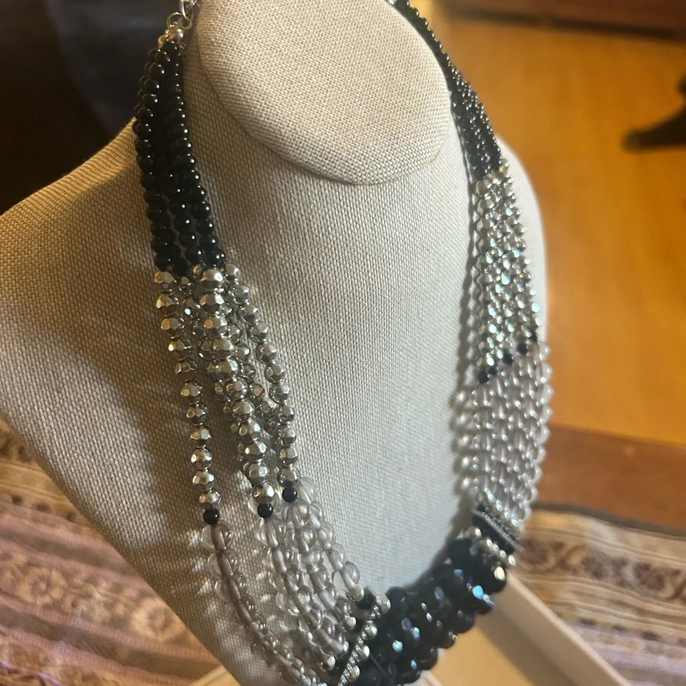 Vintage 5-Strand Multi-Facet Beaded Bib Statement Necklace Black Silver Clear